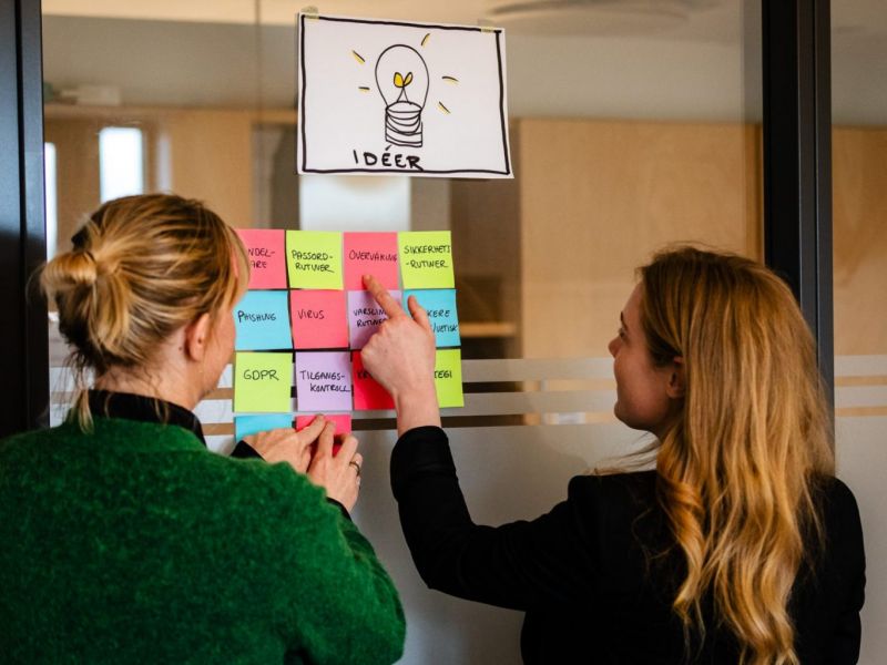 To konsulenter foran "post-it"-lapper på en vegg