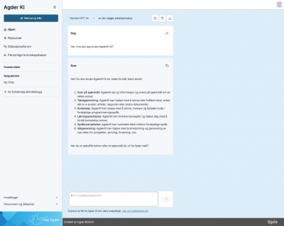 Skjermbilde av Agder KI grensesnitt