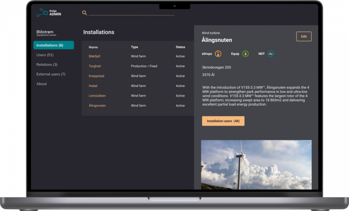 Skjermbilde fra Bridge Admin som viser installasjonsliste
