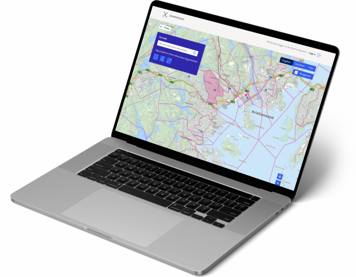 Mockup av kartvisning i Ekomportalen. Illustrasjon.