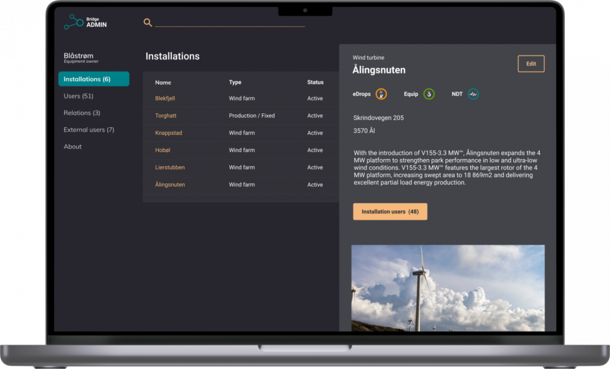 Skjermbilde fra Bridge Admin som viser installasjonsliste